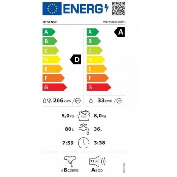 Hisense WD3S8043BW3 Πλυντήριο-Στεγνωτήριο Ρούχων 8kg/5kg Ατμού 1400 Στροφές